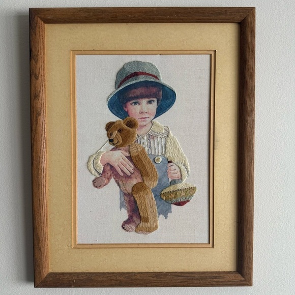 Other - Vintage Embroidery Nursery Baby Art Wooden Framed Kid With Teddy Bear 16x20”